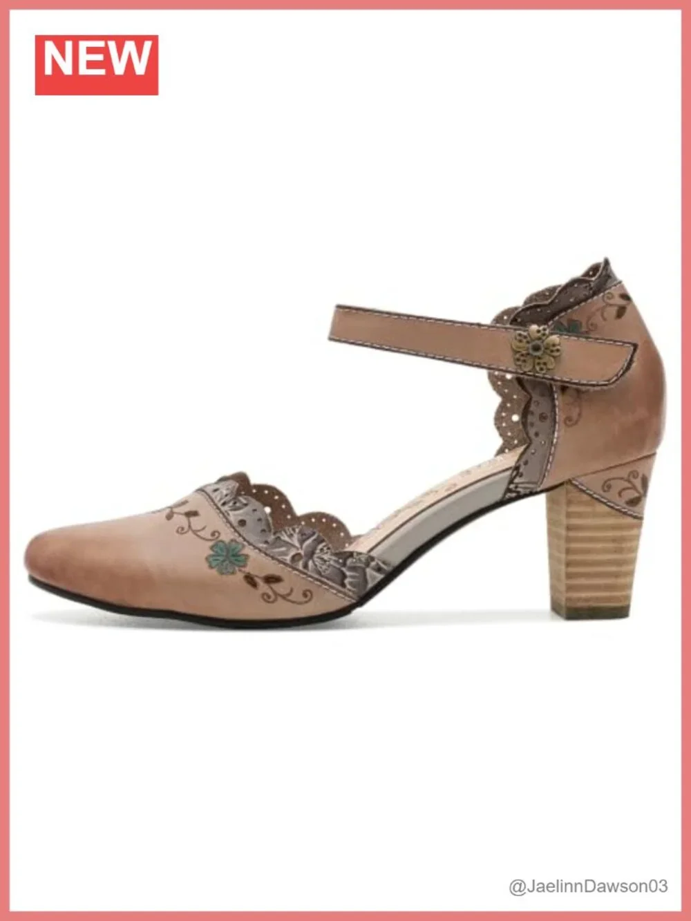 Women's Leather Embroidered Pumps Kitten Heel Hook & Loop Almond Toe